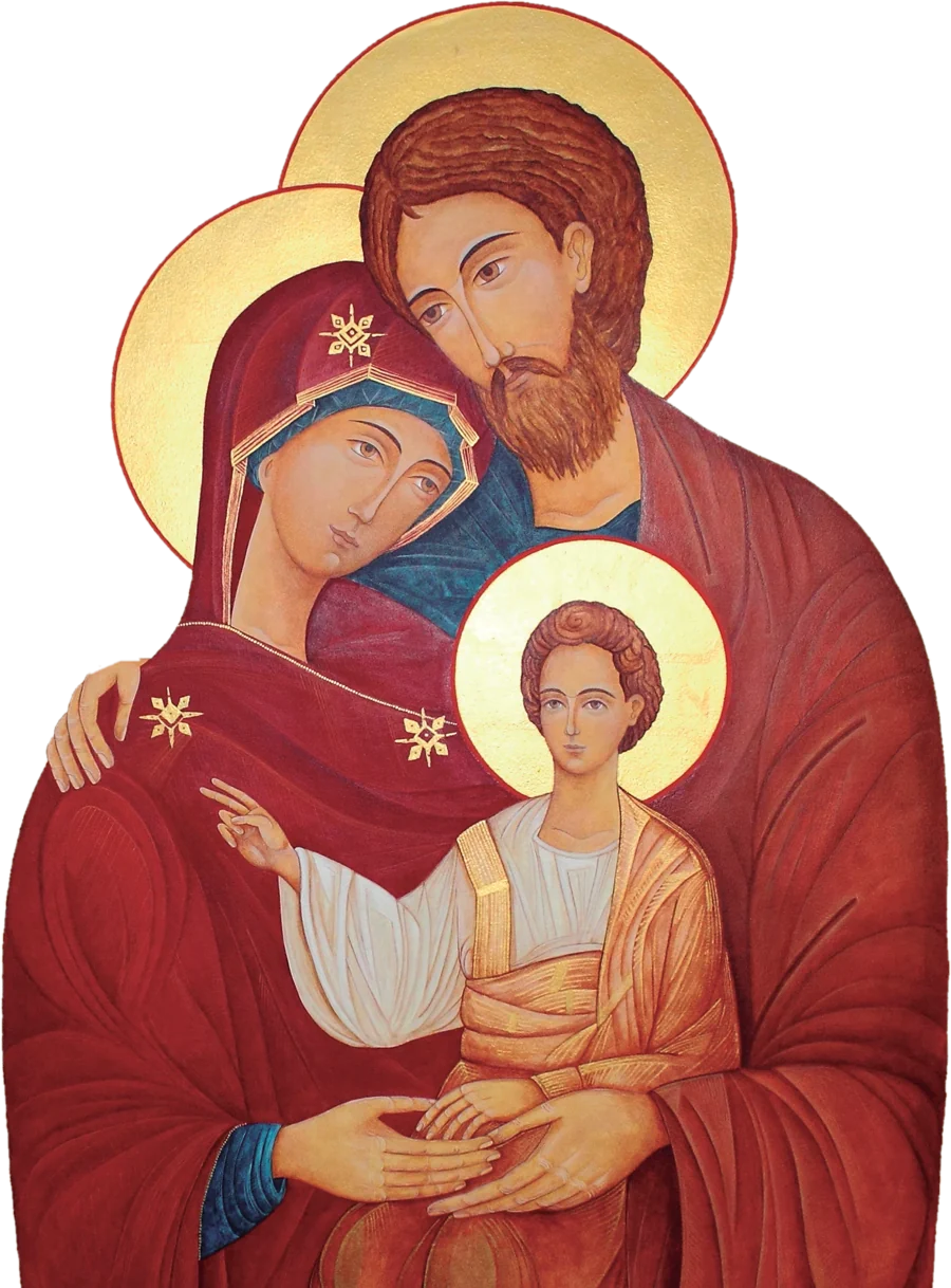 Icono de la Sagrada Familia: la Virgen María y San José abrazan al Niño Jesús